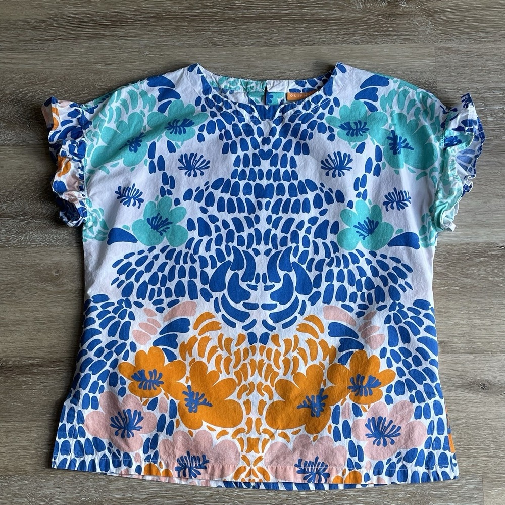 Oliphant Top Womens XS Puff Sleeve Blouse Antigua Top Shirt Blue Orange Floral**